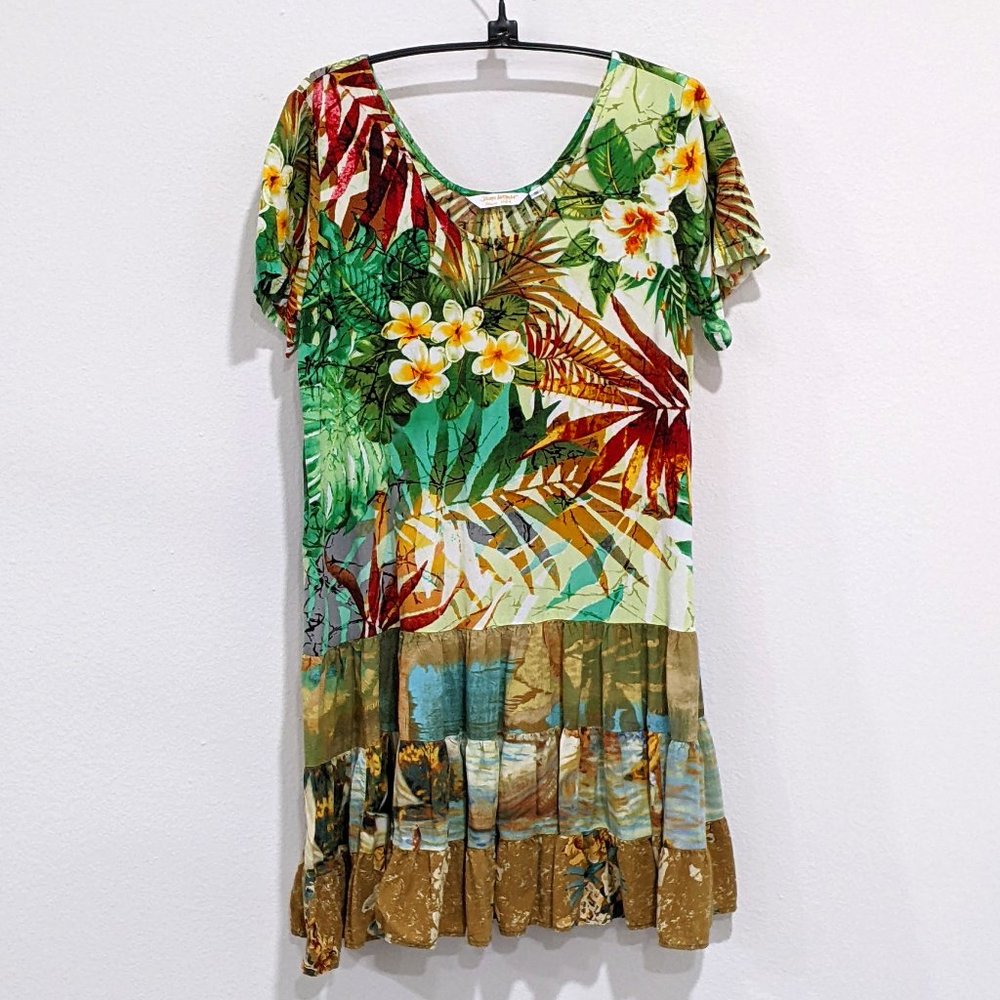 Jams World Hattie Na Pali Shift Dress Hawaiian Floral Brown and Green Size Small